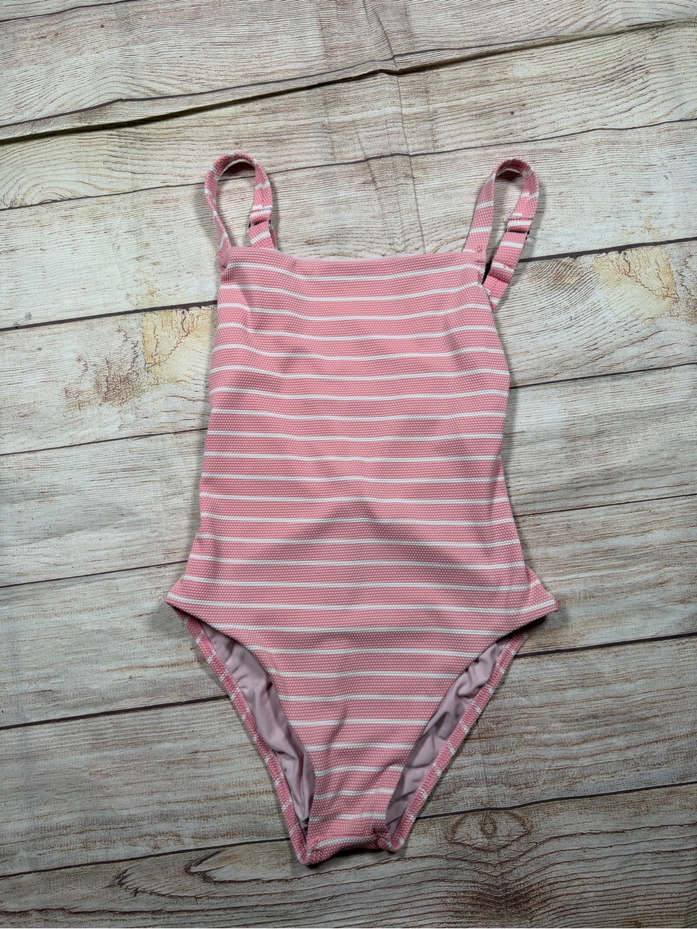 Splendid Pink and White‎ Striped One-Piece Swimsuit Nautical, Preppy, Textured